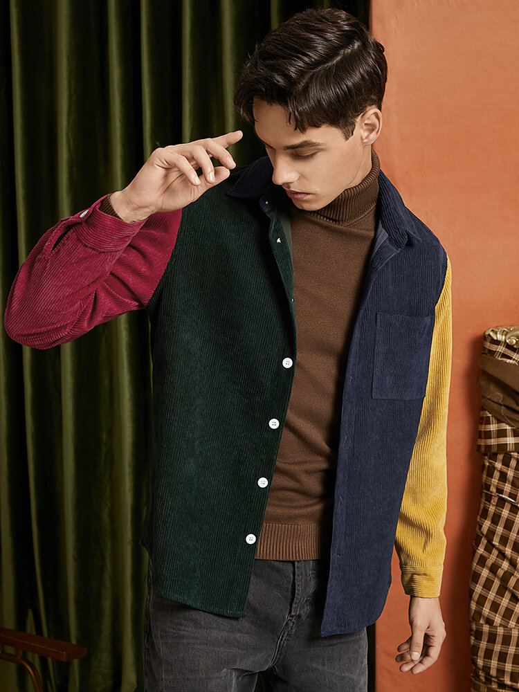 Corduroy-contraststiksel Voor Heren Preppy Overhemden Met Lange Mouwen