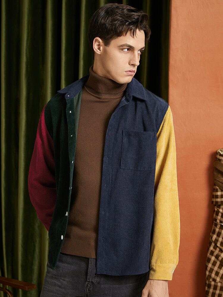Corduroy-contraststiksel Voor Heren Preppy Overhemden Met Lange Mouwen