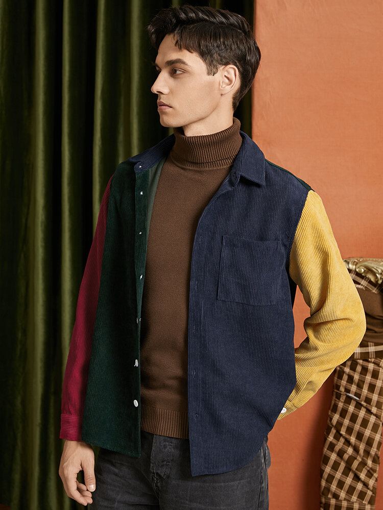 Corduroy-contraststiksel Voor Heren Preppy Overhemden Met Lange Mouwen