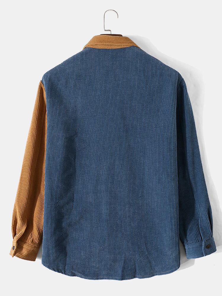 Corduroy Tweekleurige Patchwork Casual Overhemden Met Klepzak Voor Heren