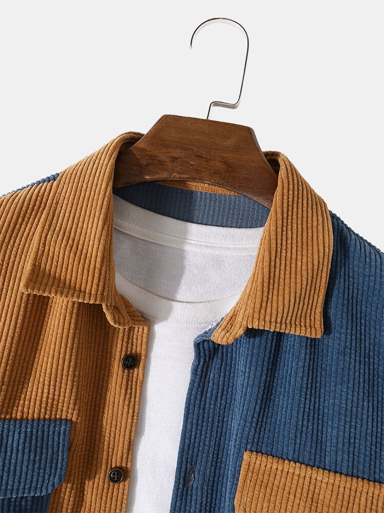 Corduroy Tweekleurige Patchwork Casual Overhemden Met Klepzak Voor Heren
