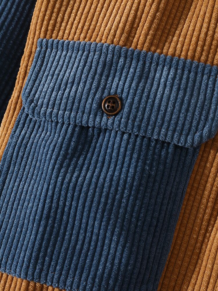 Corduroy Tweekleurige Patchwork Casual Overhemden Met Klepzak Voor Heren