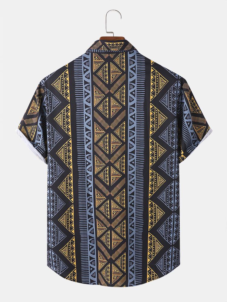 Heren Argyle Geometrisch Contrast Etnische Revers Knop Voorzijde Huidvriendelijke Casual Shirts