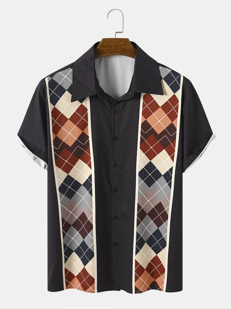 Heren Argyle Geometrische Patchwork Zoom Manchet Korte Mouw Zachte Comfortabele Shirts