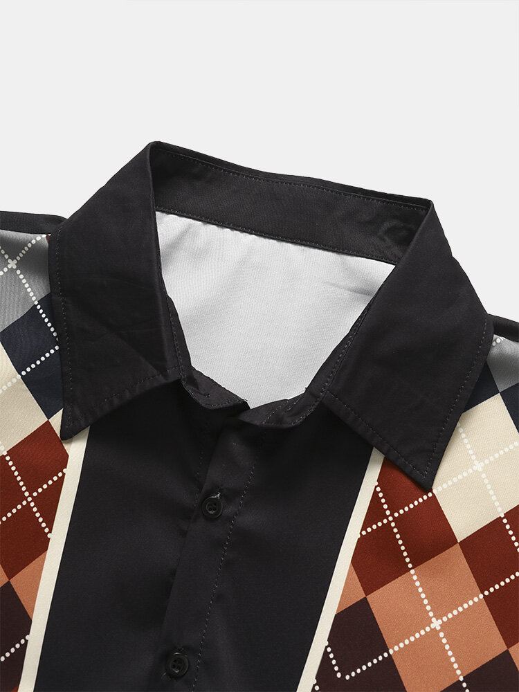 Heren Argyle Geometrische Patchwork Zoom Manchet Korte Mouw Zachte Comfortabele Shirts