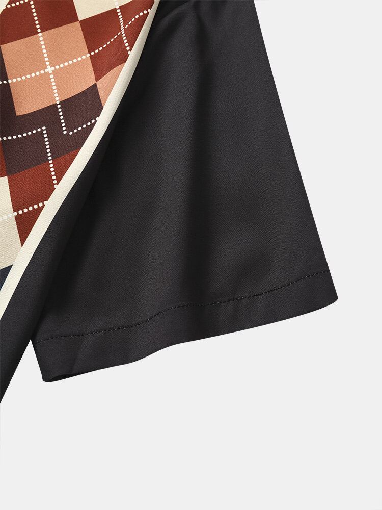 Heren Argyle Geometrische Patchwork Zoom Manchet Korte Mouw Zachte Comfortabele Shirts