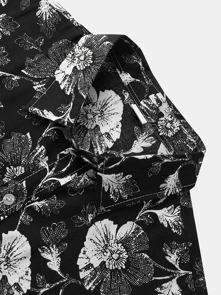 Heren Bloemen Donkere Knopen Voorzijde Schetsen Stijl Sierlijke Vrijetijdsoverhemden Met Korte Mouwen