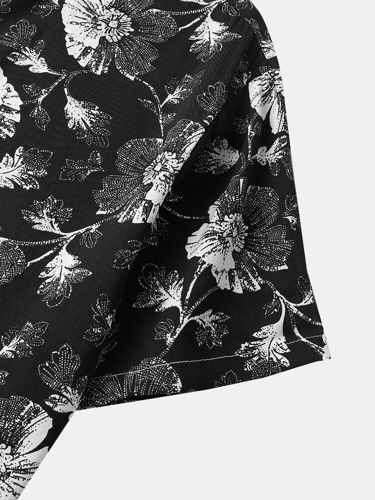 Heren Bloemen Donkere Knopen Voorzijde Schetsen Stijl Sierlijke Vrijetijdsoverhemden Met Korte Mouwen