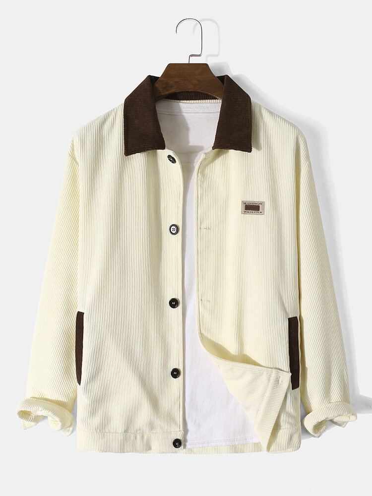 Heren Contrast Applique Knop Front Corduroy Casual Losse Shirts