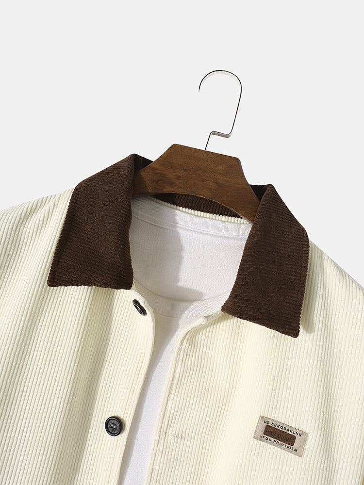 Heren Contrast Applique Knop Front Corduroy Casual Losse Shirts