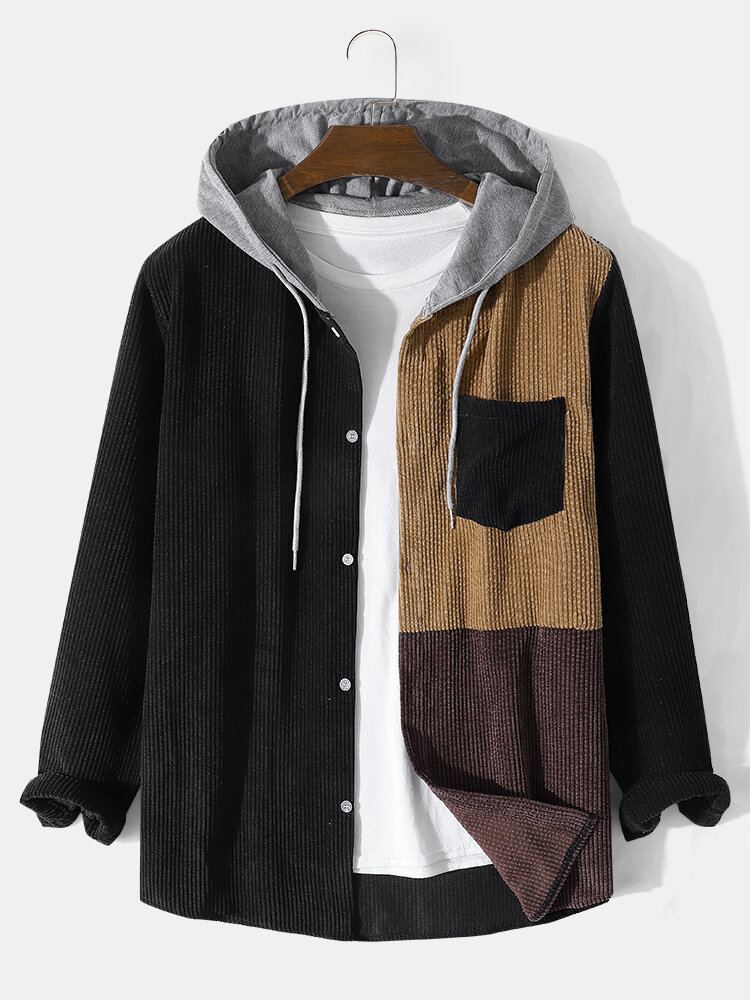 Heren Corduroy Patchwork Contrast Kleur Blok Borstzak Hooded Shirts