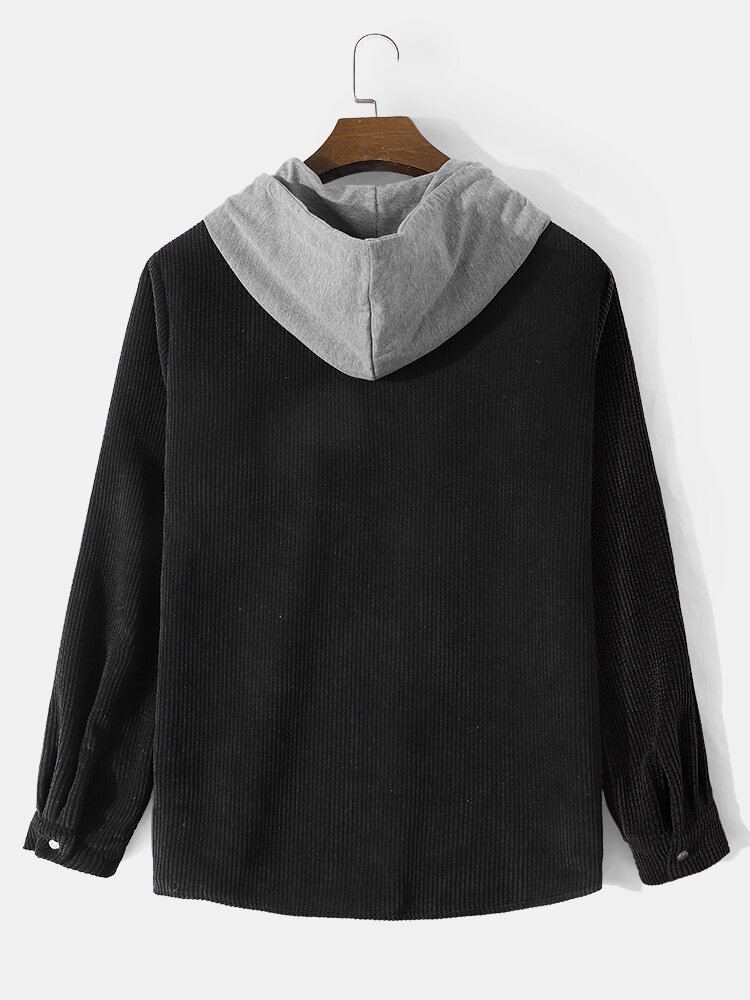 Heren Corduroy Patchwork Contrast Kleur Blok Borstzak Hooded Shirts