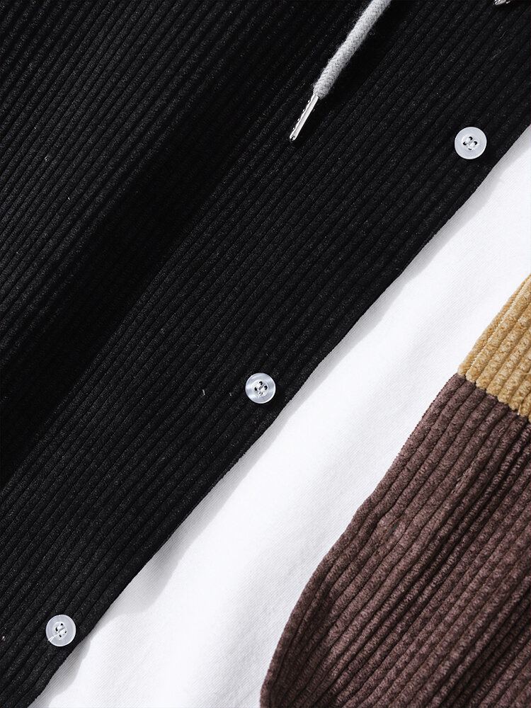 Heren Corduroy Patchwork Contrast Kleur Blok Borstzak Hooded Shirts