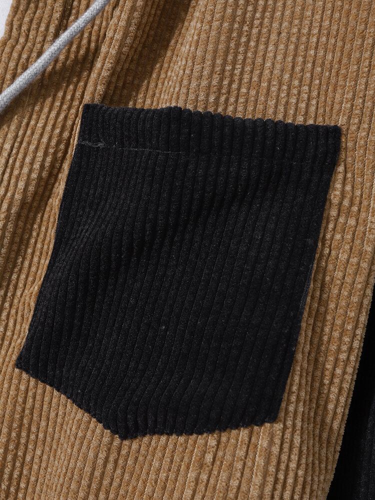 Heren Corduroy Patchwork Contrast Kleur Blok Borstzak Hooded Shirts