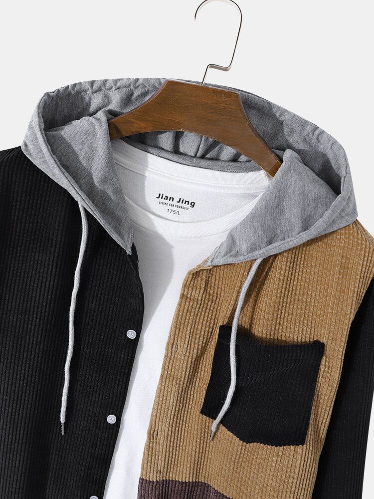 Heren Corduroy Patchwork Contrast Kleur Blok Borstzak Hooded Shirts