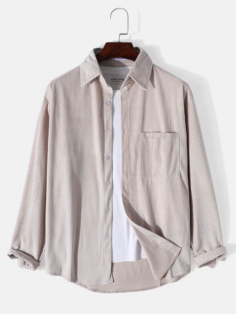 Heren Corduroy Solid Simple Pocket Revers Shirt Met Lange Mouwen