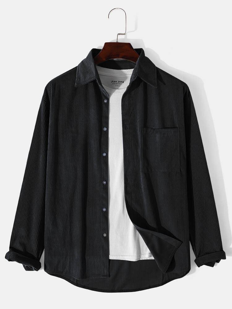 Heren Corduroy Solid Simple Pocket Revers Shirt Met Lange Mouwen