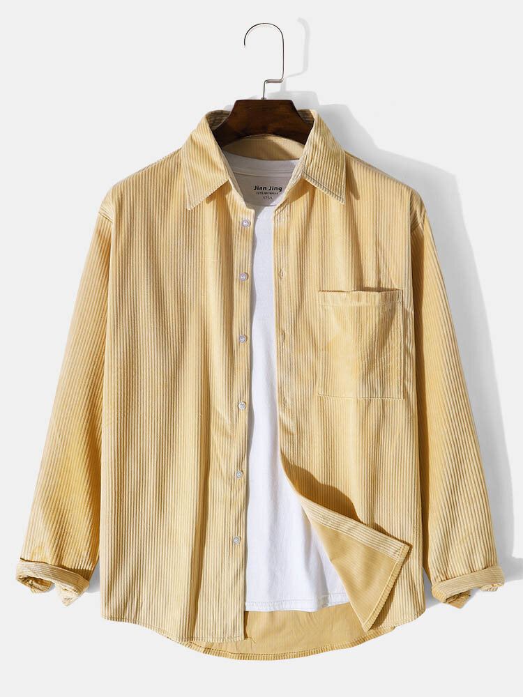 Heren Corduroy Solid Simple Pocket Revers Shirt Met Lange Mouwen