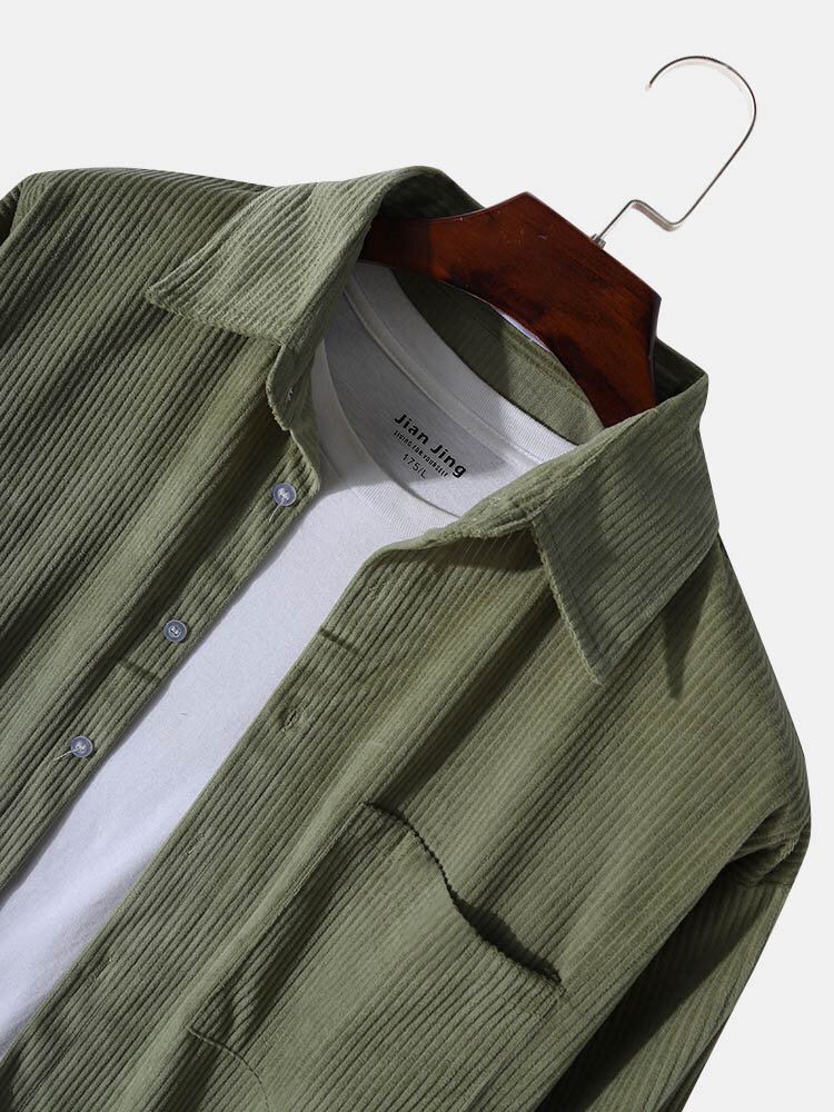 Heren Corduroy Solid Simple Pocket Revers Shirt Met Lange Mouwen