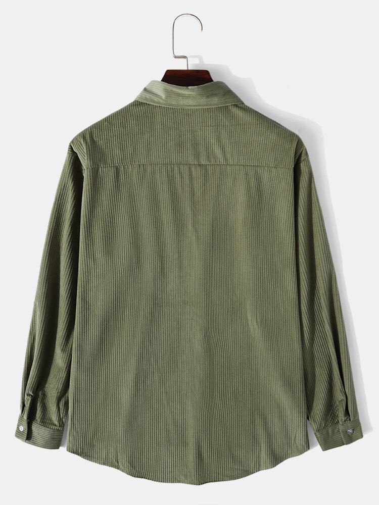Heren Corduroy Solid Simple Pocket Revers Shirt Met Lange Mouwen