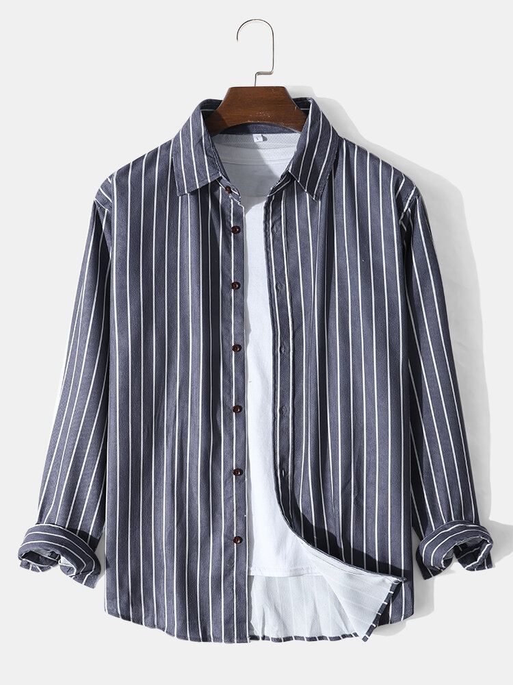 Heren Corduroy Verticale Gestreepte Button Up Revers Casual Shirts