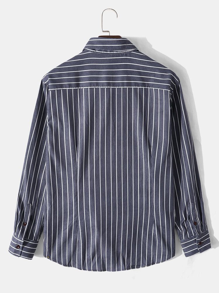 Heren Corduroy Verticale Gestreepte Button Up Revers Casual Shirts