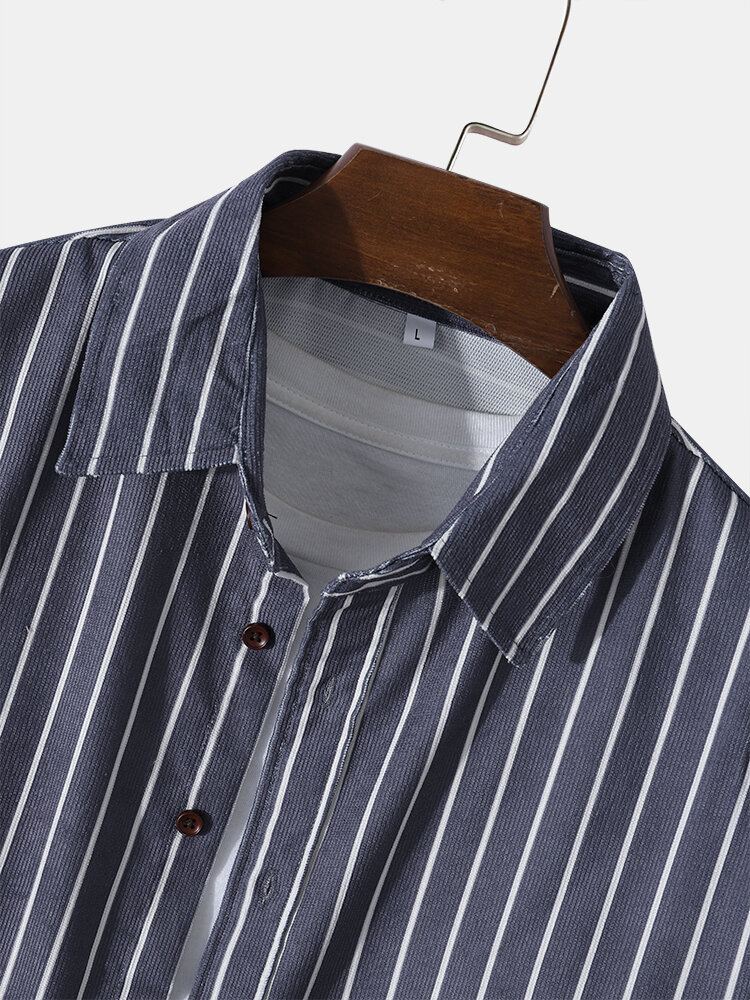Heren Corduroy Verticale Gestreepte Button Up Revers Casual Shirts
