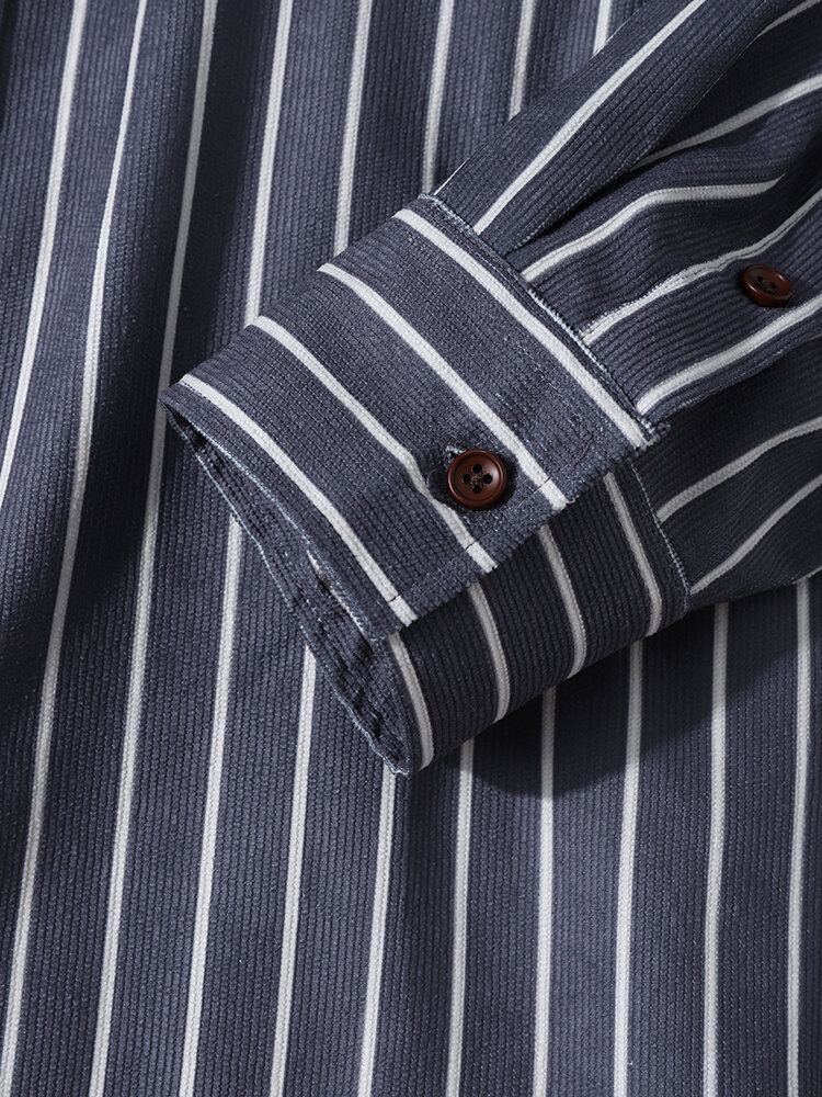 Heren Corduroy Verticale Gestreepte Button Up Revers Casual Shirts