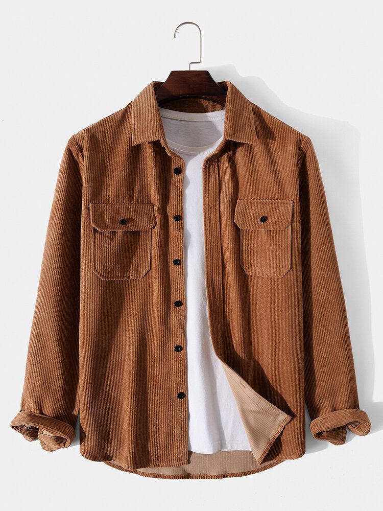 Heren Effen Corduroy Dubbele Zakken Knop Revers Shirt