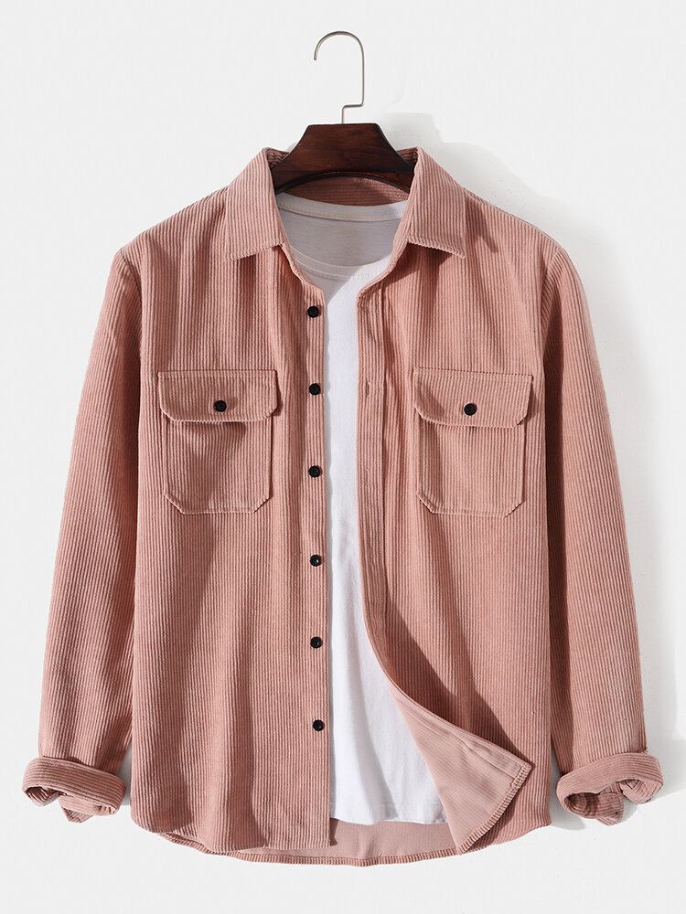 Heren Effen Corduroy Dubbele Zakken Knop Revers Shirt