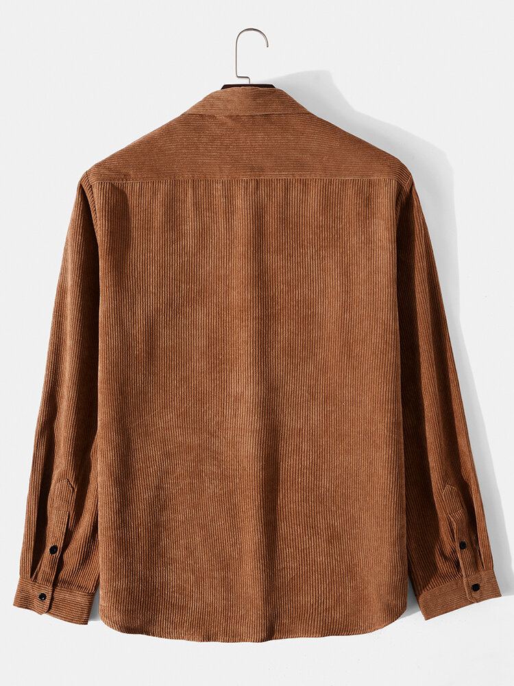 Heren Effen Corduroy Dubbele Zakken Knop Revers Shirt