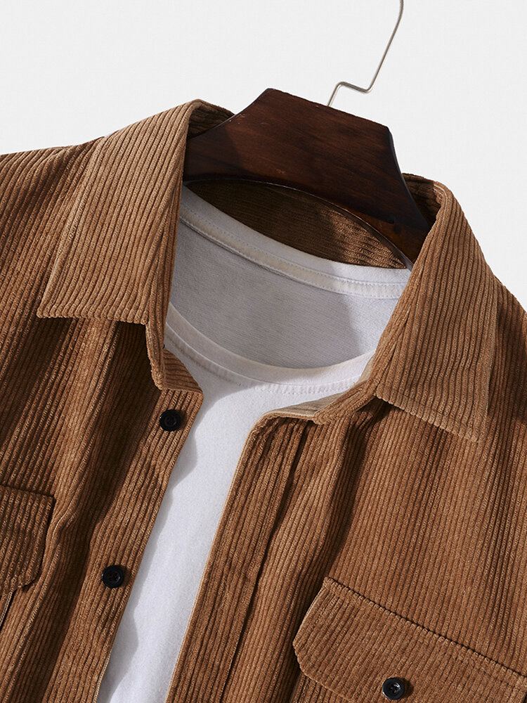 Heren Effen Corduroy Dubbele Zakken Knop Revers Shirt