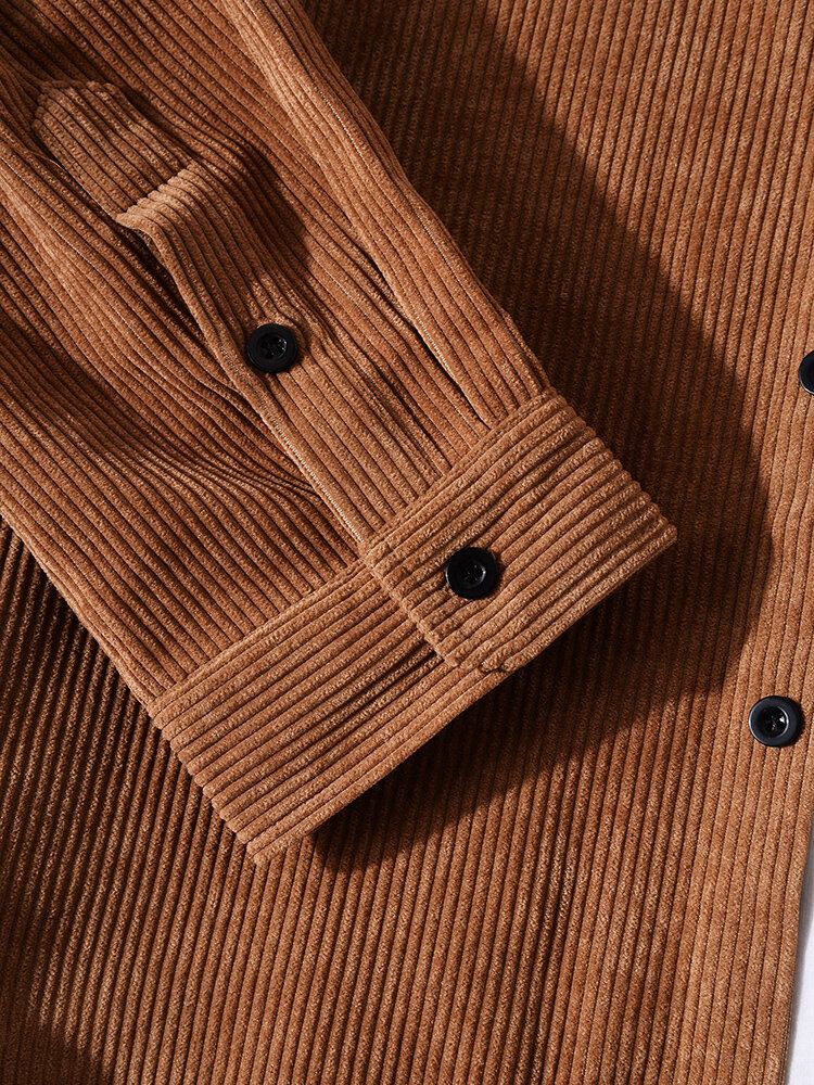 Heren Effen Corduroy Dubbele Zakken Knop Revers Shirt