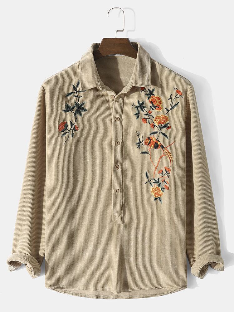 Heren Effen Kleur Borduurwerk Bloemen Corduroy Knopen Met Lange Mouwen Casual Henley Shirts