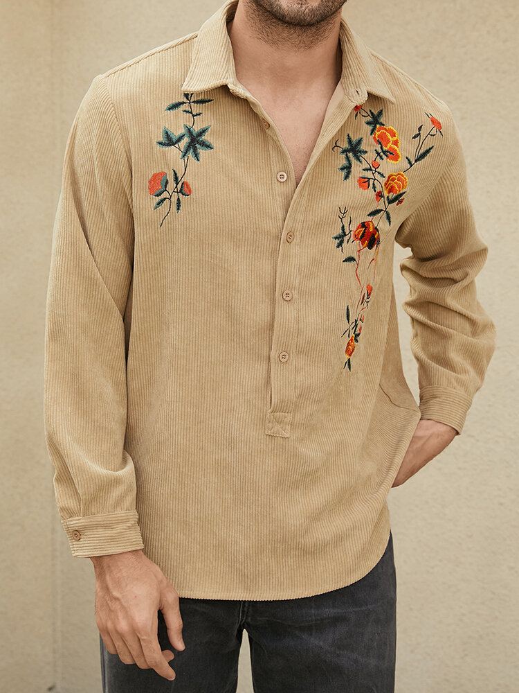 Heren Effen Kleur Borduurwerk Bloemen Corduroy Knopen Met Lange Mouwen Casual Henley Shirts