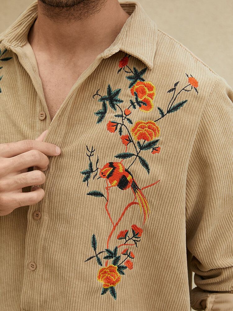Heren Effen Kleur Borduurwerk Bloemen Corduroy Knopen Met Lange Mouwen Casual Henley Shirts