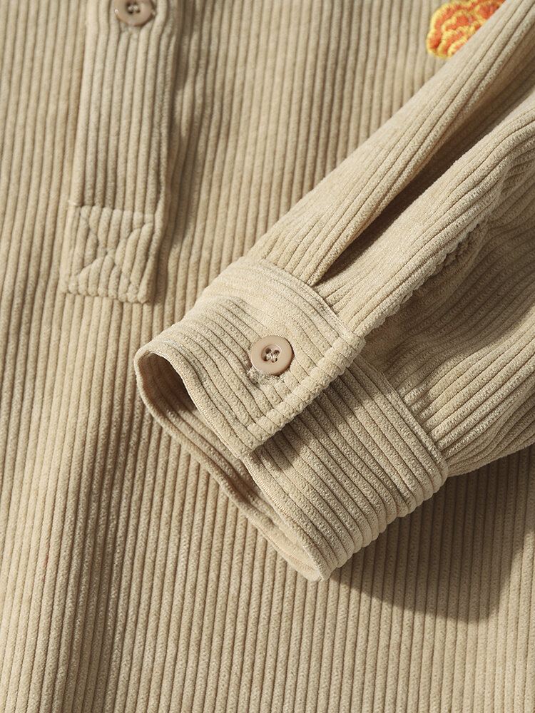 Heren Effen Kleur Borduurwerk Bloemen Corduroy Knopen Met Lange Mouwen Casual Henley Shirts