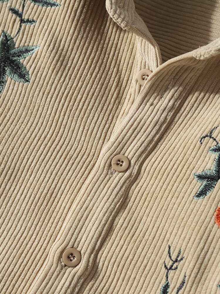 Heren Effen Kleur Borduurwerk Bloemen Corduroy Knopen Met Lange Mouwen Casual Henley Shirts