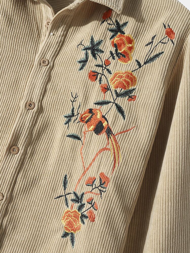 Heren Effen Kleur Borduurwerk Bloemen Corduroy Knopen Met Lange Mouwen Casual Henley Shirts