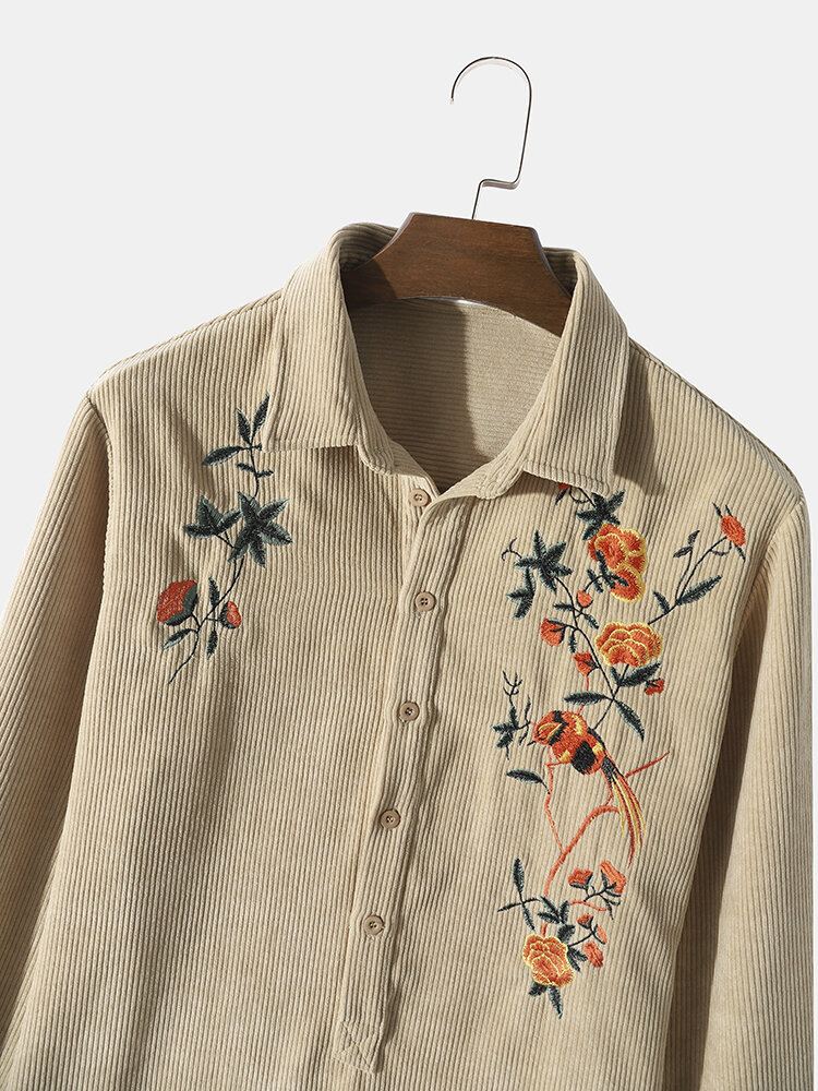 Heren Effen Kleur Borduurwerk Bloemen Corduroy Knopen Met Lange Mouwen Casual Henley Shirts