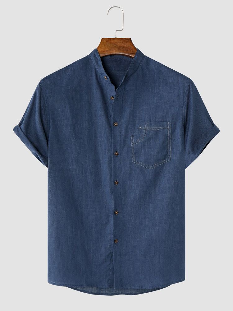 Heren Effen Kleur Denim Front Knop Manchet Zoom Stand Kraag Casual Shirts