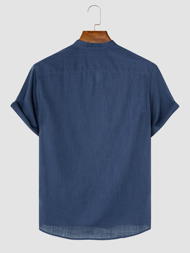 Heren Effen Kleur Denim Front Knop Manchet Zoom Stand Kraag Casual Shirts