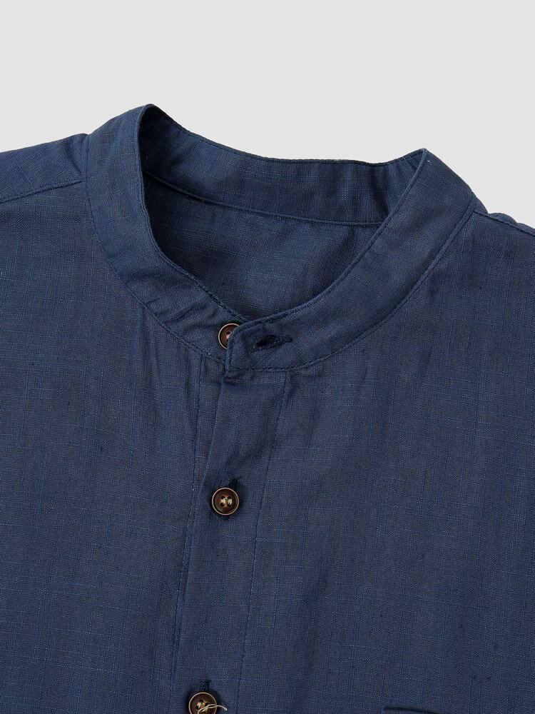 Heren Effen Kleur Denim Front Knop Manchet Zoom Stand Kraag Casual Shirts
