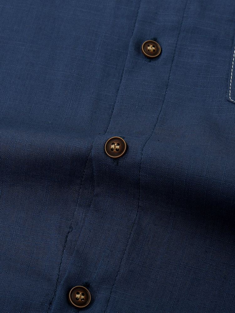 Heren Effen Kleur Denim Front Knop Manchet Zoom Stand Kraag Casual Shirts