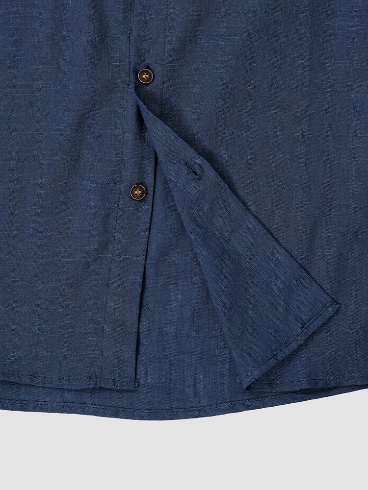 Heren Effen Kleur Denim Front Knop Manchet Zoom Stand Kraag Casual Shirts