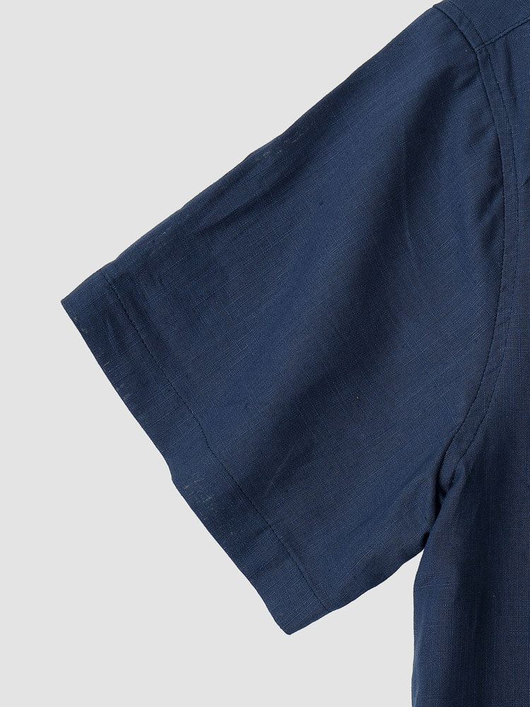 Heren Effen Kleur Denim Front Knop Manchet Zoom Stand Kraag Casual Shirts