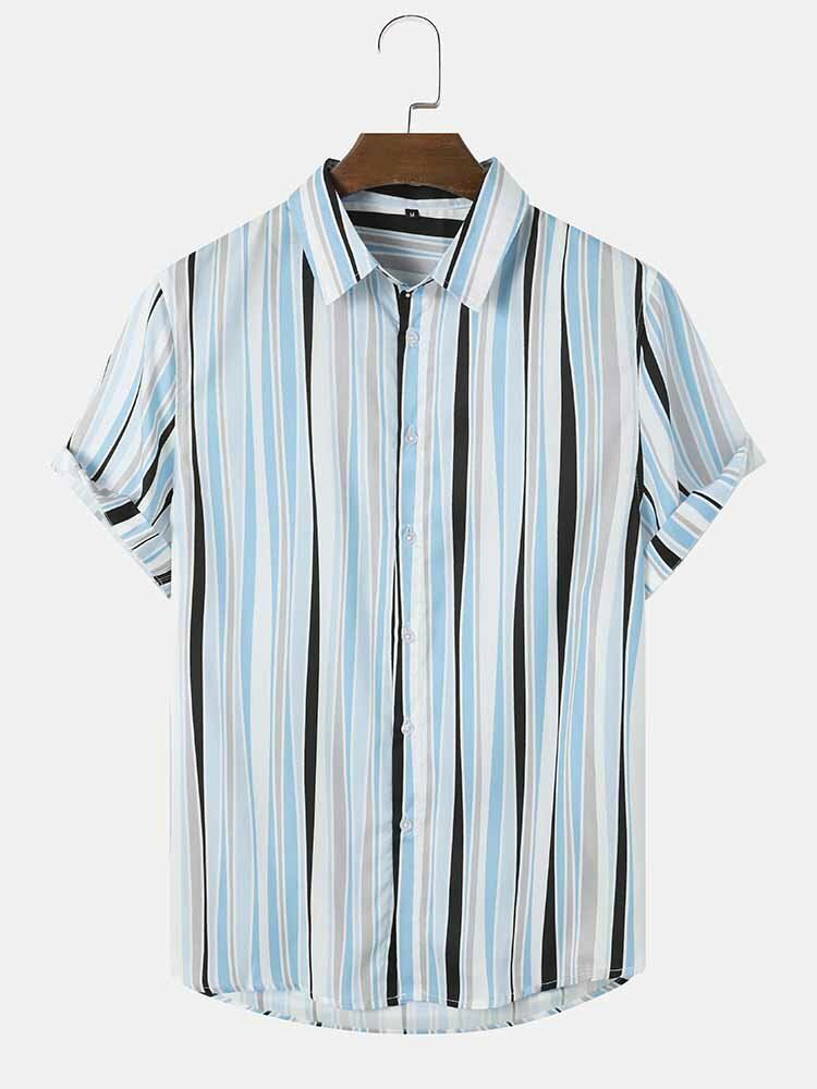 Heren Gestreepte Print Gebogen Zoom Revers Vakantie Ademende Zomer Shirts