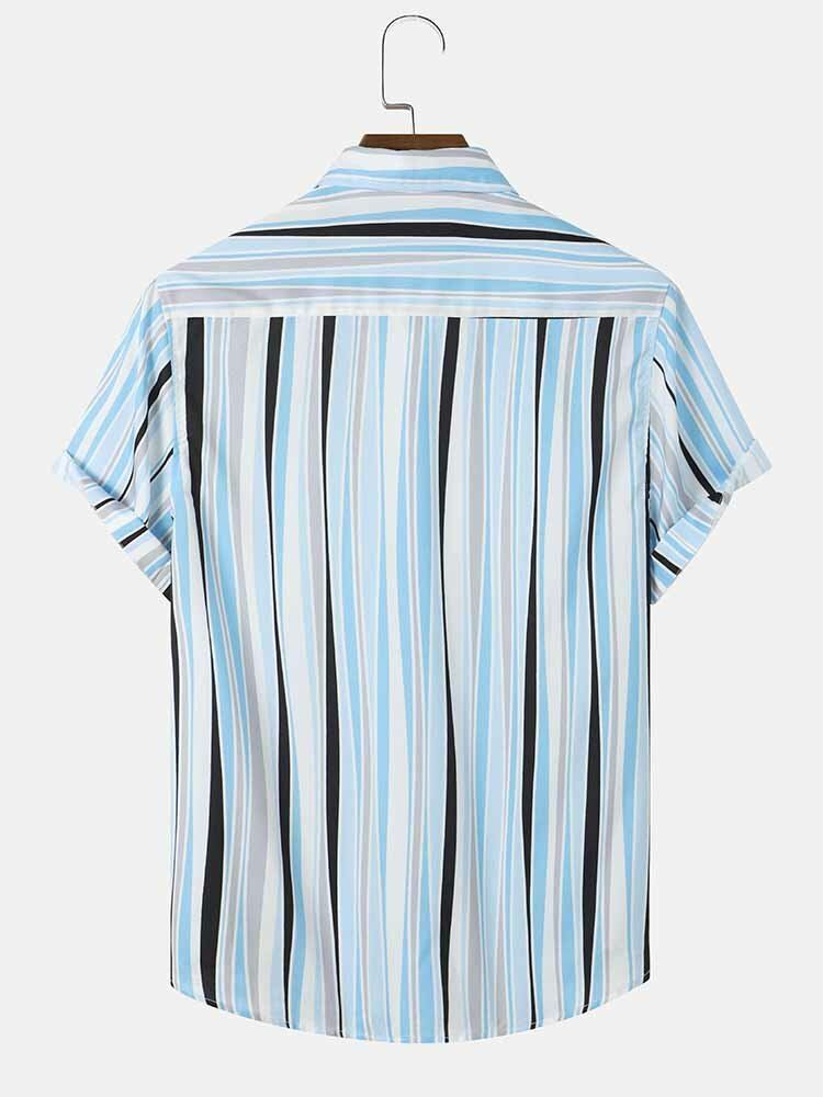 Heren Gestreepte Print Gebogen Zoom Revers Vakantie Ademende Zomer Shirts