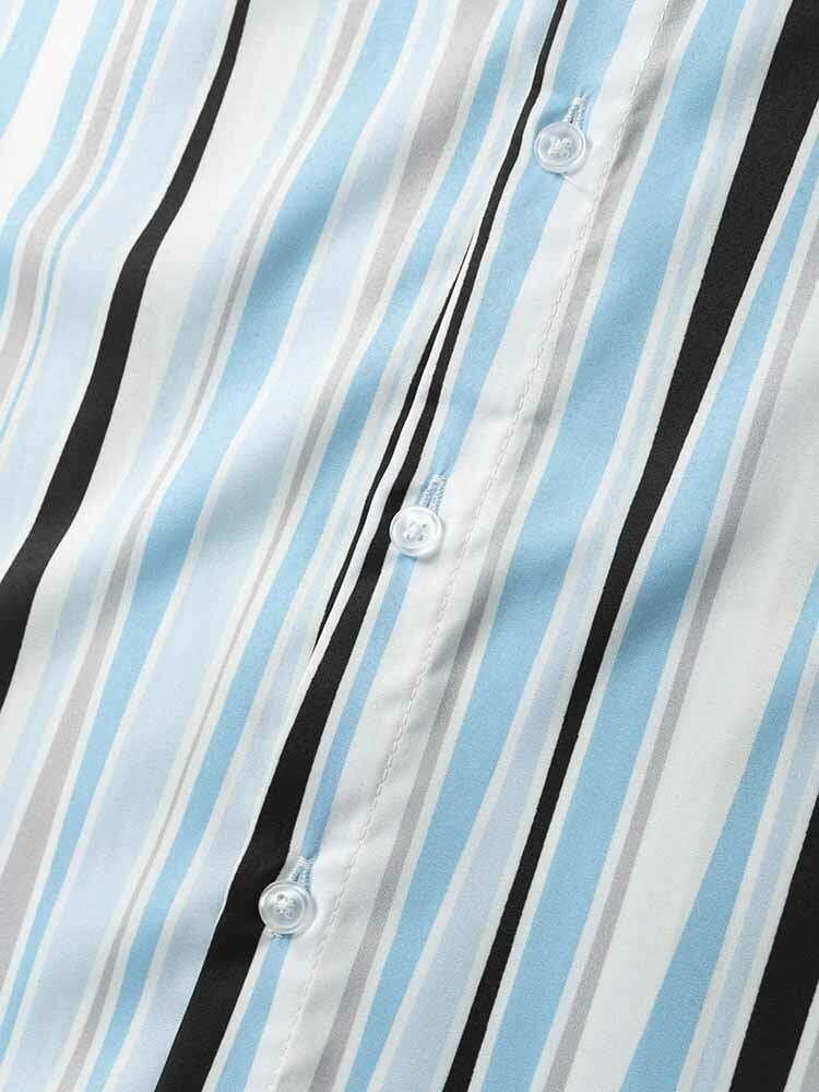 Heren Gestreepte Print Gebogen Zoom Revers Vakantie Ademende Zomer Shirts