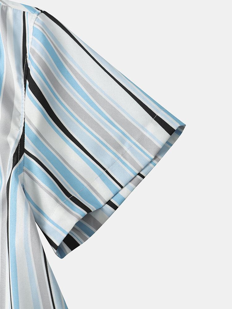 Heren Gestreepte Print Gebogen Zoom Revers Vakantie Ademende Zomer Shirts